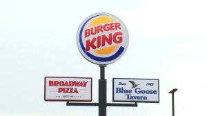 Burger King, Broadway Pizza, and Blue Goose Tavern Signs
