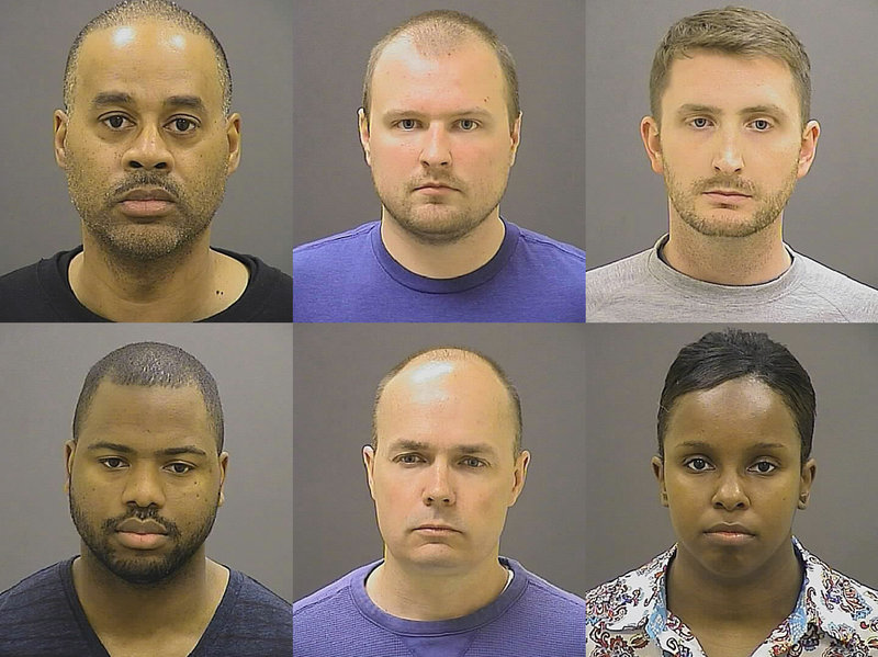 Baltimore Police Department's photo shows the six police officers charged with felonies including assault and murder in the death of Freddie Gray. Top row from left: Caesar R. Goodson Jr., Garrett E. Miller and Edward M. Nero. Bottom row from left: William G. Porter, Brian W. Rice and Alicia D. White. Uncredited/AP