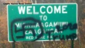 Red Lake Sign Defaced Vandalized 16x9