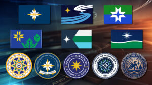 The six designs for state flag and the five for state seal selected as finalists by the State Emblems Redesign Commission