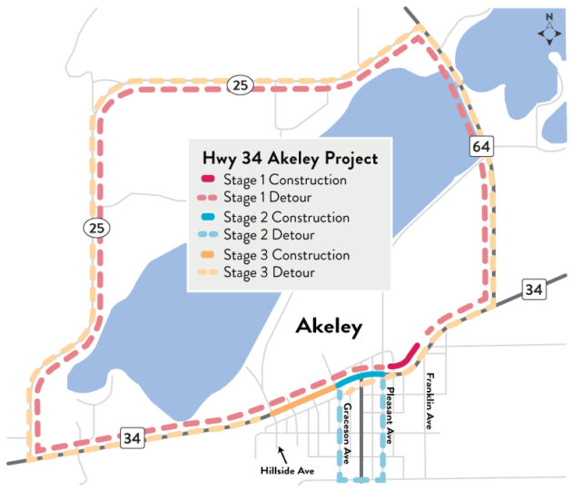 Highway 34 Akeley Construction Map